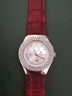 Technomarine Silver Crystal Bezel Watch with Red Strap